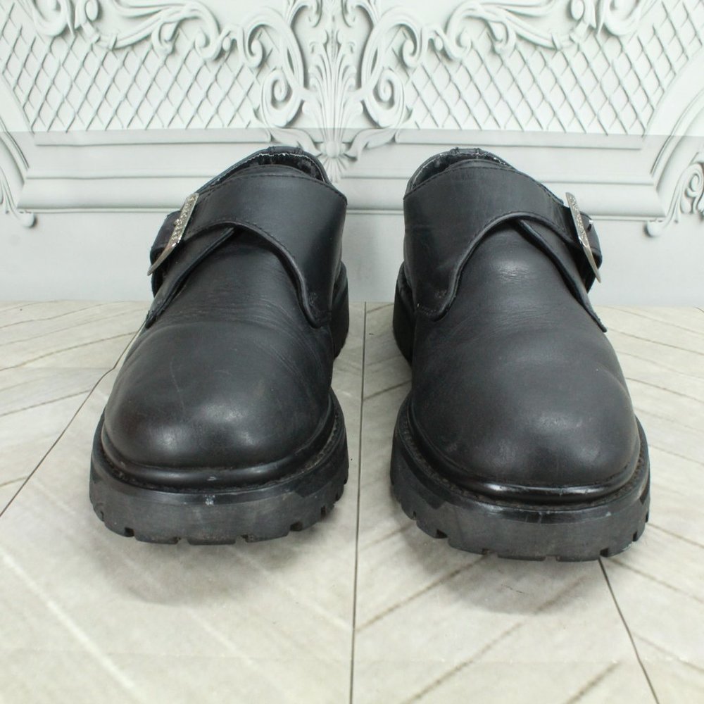 Skechers Black Leather Slip-on Round Toe Buckled Casual Shoes Size 7.5 - Picture 4 of 9